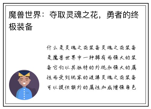 魔兽世界：夺取灵魂之花，勇者的终极装备